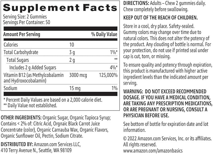 Amazon Basics Vitamin B12 3000 mcg Gummies, Normal Energy Production and Metabolism, Immune System Support, Raspberry, 200 Count (2 Packs of 100), 2 per serving