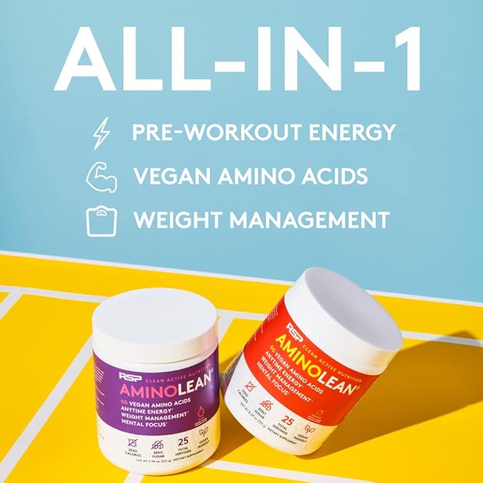 RSP AminoLean - All-in-One Natural Pre Workout, Amino Energy, Weight Management - Vegan BCAAs, Preworkout for Men & Women, Acai, 25 Serv