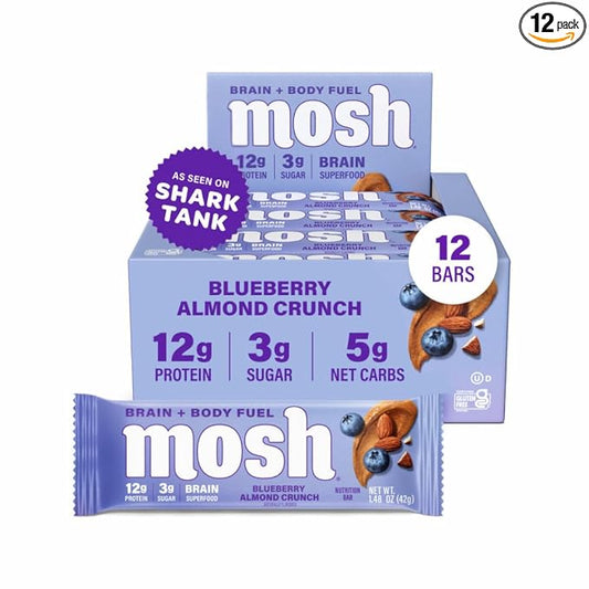 MOSH Blueberry Almond Crunch Keto Protein Bars, High Fiber, Low Carb, Gluten Free, High Protein, Brain Healthy Snack, 12 Count