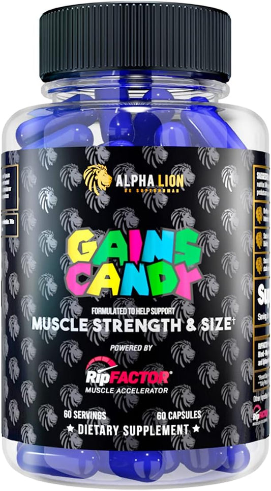 ALPHA LION Gains Candy, Supplement Pills for Muscle Growth, Size, & Strength, Nitric Oxide Booster, Muscle Builder, Use Daily to Upgrade Energy & Workout Performance, 60 Capsules (RipFACTOR®)