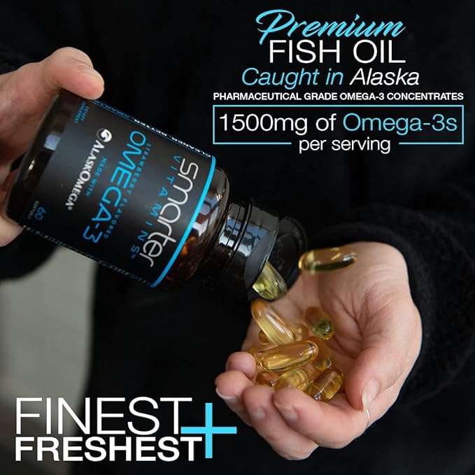 SmarterVitamins Omega 3 Fish Oil, Strawberry Flavor, Burpless, Tasteless, 2000mg, DHA EPA Triple Strength Brain Support, Joint Support, Made with AlaskOmega®, Heart Support