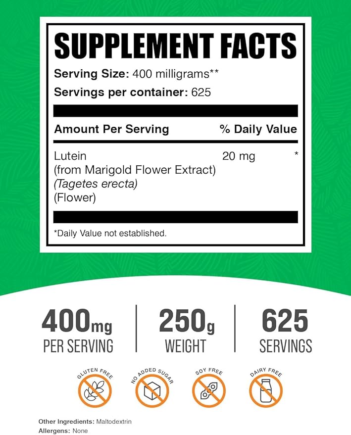 BulkSupplements.com Lutein Powder - from Marigold Flower Extract, Lutein Supplement, Lutein 20mg - Antioxidant Source, Gluten Free, 400mg per Serving, 250g (8.8 oz) (Pack of 1)
