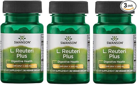 Swanson L. Reuteri Probiotic Plus w/L. Rhamnosus L. Acidophilus & FOS Prebiotic Digestive Support - Promotes Gut Health w/ 7 Billion CFU per Capsule - (30 Veggie Capsules) 3 Pack