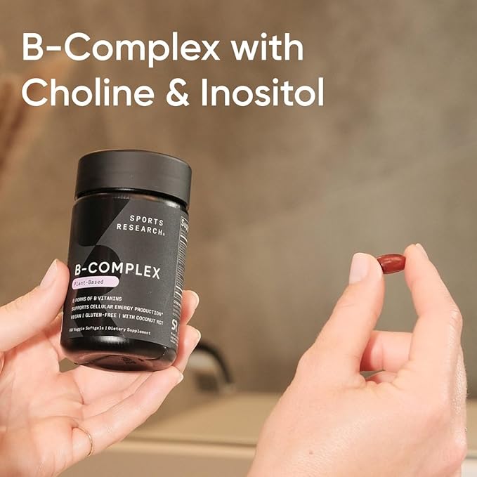 Sports Research Vitamin B-Complex - Full Spectrum of B Vitamins - Plant-Based Vegan-Friendly Formula - 60 Veggie Softgels