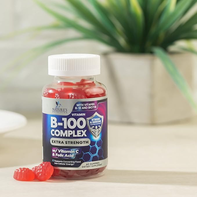 Super B Complex Gummy with Vitamin C & Folic Acid, Extra Strength Vitamin B Gummies Supplement with Niacin, B6, Folic Acid, B12, Biotin, Nature's Energy Immune Support Supplements - 60 Gummies