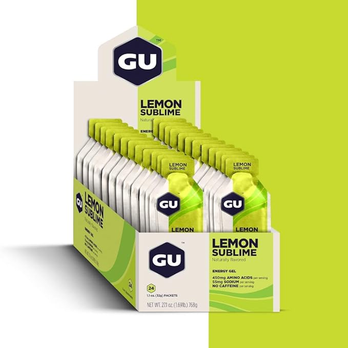 GU Energy Original Sports Nutrition Energy Gel, Vegan, Gluten-Free, Kosher, and Dairy-Free On-the-Go Energy for Any Workout, 24-Count, Lemon Sublime