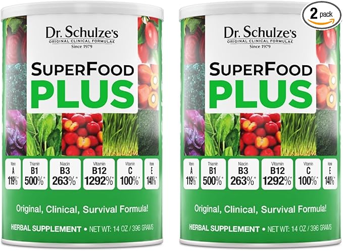 Dr. Schulze's SuperFood Plus | Vitamin and Mineral Herbal Concentrate | Daily Nutrition | Gluten-Free and Non-GMO | Vegan | 14 Ounce Powder | 2-Pack