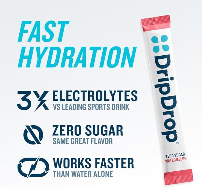 DripDrop Hydration - Zero Sugar Watermelon - Electrolyte Drink Mix Single Serve Hydration Powder Packets | Non-GMO, Gluten Free, Vegan | 32 Sticks