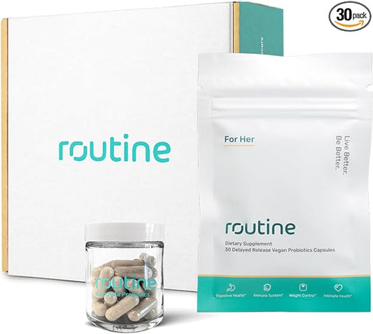 Routine Women's Daily Probiotics for Digestive and Feminine Health - 24 Billion CFU 30 Capsules - Dairy Free Organic Probiotics for Women - Free Glass Jar