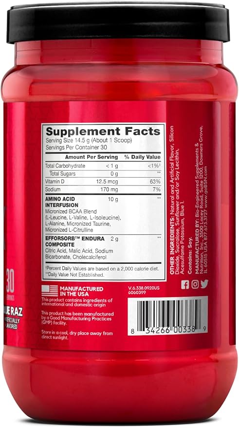 BSN Amino X Muscle Recovery & Endurance Powder with BCAAs, Intra Workout Support, 10 Grams of Amino Acids, Keto Friendly, Caffeine Free, Flavor: Blue Raz, 30 Servings (Packaging May Vary)