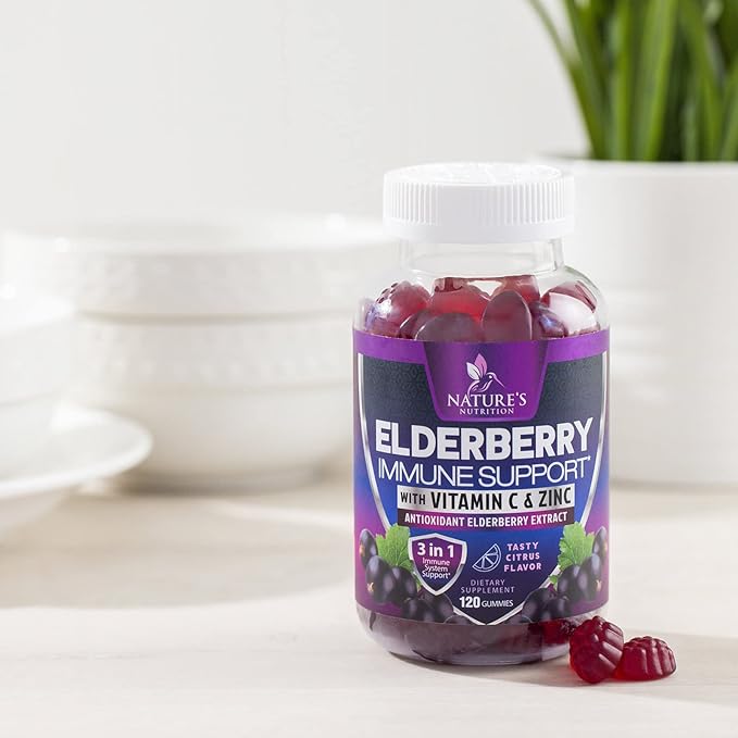 Immune Support Gummies - Powerful Sambucus Elderberry Gummies with Elderberry Extract, Zinc & Vitamin C Gummy, Max Potency Natural Vegan Immune Support Supplement for Adults & Children - 120 Gummies