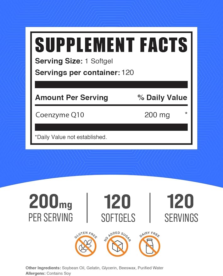 BulkSupplements.com CoQ10 200mg Softgels - Coenzyme Q10 Supplement, CoQ10 Softgels - Antioxidants for Heart Support, Gluten Free, 1 Softgel per Serving, 120 Count (Pack of 1)