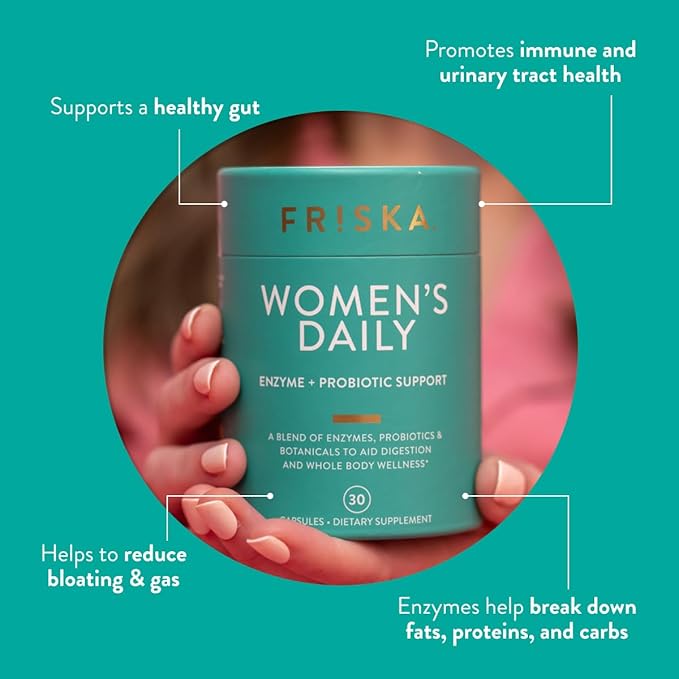 FRISKA Women’s Daily Digestive Enzyme and Probiotics Supplement, Advanced Natural Support for Female Digestive Health, Fights Bloating, Eases Digestion, Supports Nutrient Absorption, 90 Capsules