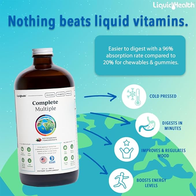 LIQUIDHEALTH 32 Oz Liquid Multivitamin for Adult Men & Women - Complete Multiple, Natural Immune Support, Non-GMO, Vegan, Gluten Free, Sugar Free, Prebiotic Fiber Vitamins Supplement (3-Pack)