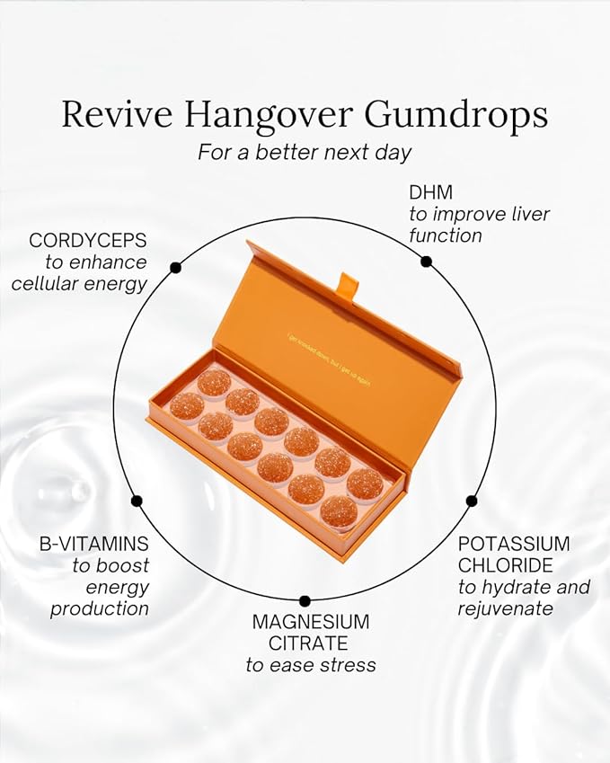 Molly J. Revive Post-Celebration Wellness Gumdrops – Cordyceps & DHM to Replenish and Rejuvenate – Plant-Powered Gummies in a Luxury Gift Box – Pack of 12 Gumdrops