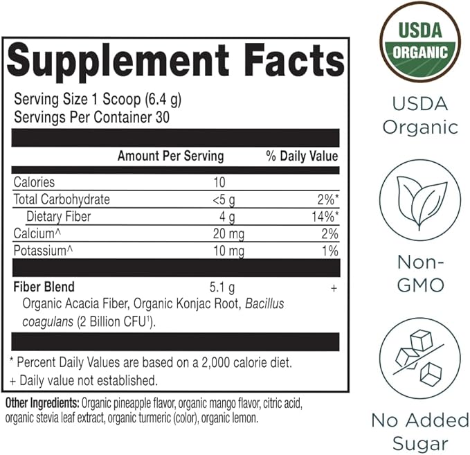 Ancient Nutrition Organic Fiber Powder, Pineapple Mango, Soluble Fiber from Acacia & Konjac Root, Supports Digestive Health, Reduces Bloating, 6.4 oz