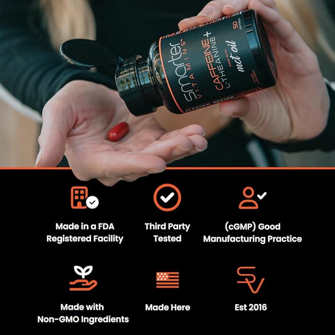 200mg Caffeine Pills - MCT Oil from 100% Coconuts + 100mg L-Theanine, Advanced Energy, Clean Focus and Perfect Clarity + All Natural Smooth Extended Release