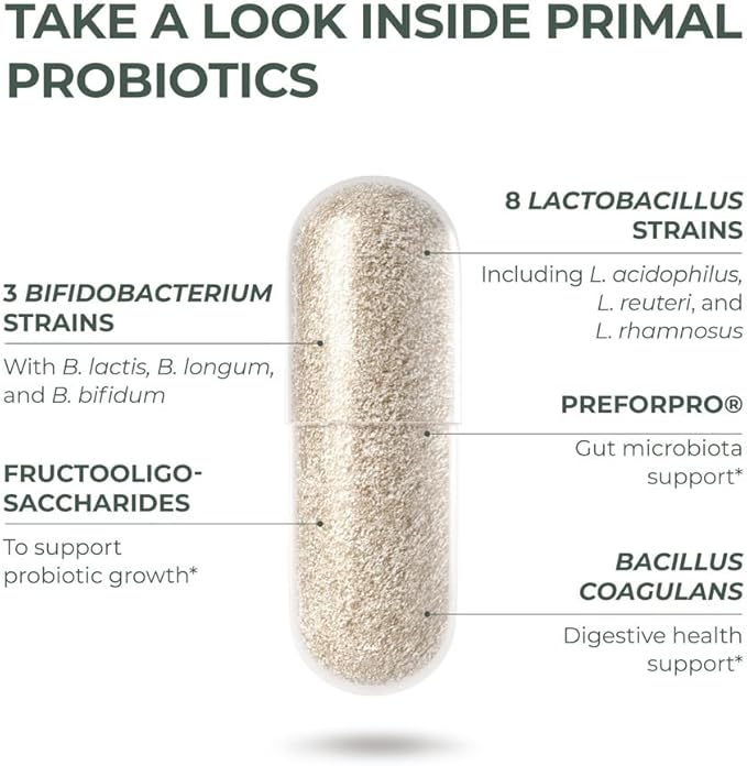 Primal Harvest PREbiotics and PRObiotics for Women & Men, 30 Oral Capsules for Gut Health, 12 Dynamic Strains