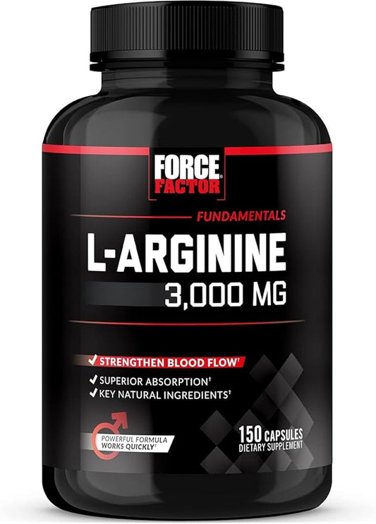 FORCE FACTOR L-Arginine Nitric Oxide Supplement with BioPerine to Help Build Muscle and Support Stronger Blood Flow, Circulation, Nutrient Delivery, and Pumps, L-Arginine 3000mg, 3g, 150 Capsules