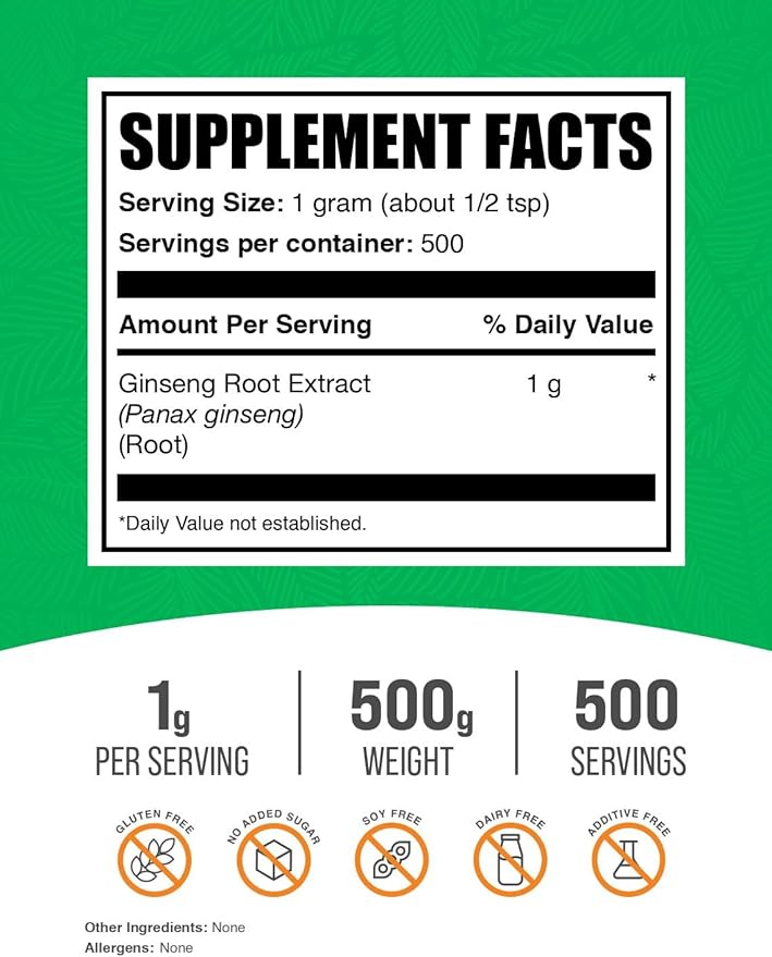 BulkSupplements.com Ginseng Root Extract Powder - Ginseng Supplement, Ginseng Herbal Supplements, Panax Ginseng - Vegan & Gluten Free, 1000mg per Serving, 500g (1.1 lbs) (Pack of 1)