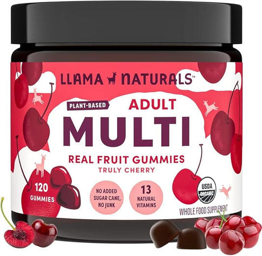 Llama Naturals Real Fruit Gummy Vitamins for Adults | No Added Sugar Cane | Whole Food Multivitamin Gummies | Women + Men | Vegan, Organic, Chewable | 120 ct, 30 Day Supply | Cherry