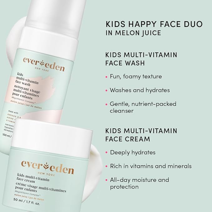 Evereden Kids Happy Face Duo (Melon Juice) - Multi-Vitamin Kids Face Wash & Kids Face Cream Set - Clean & Vegan Skin Care for Kids 3+ - Moisturizing, Nourishing, & Protective Kids Skin Care Set
