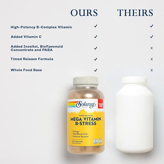 SOLARAY Mega Vitamin B-Stress - Timed Release Vitamin B Complex w/Vitamin B12, B6, Folic Acid, VIT. C - Stress, Energy, Red Blood Cell, Immune Support - Vegan, 60-Day Guarantee (240 CT)