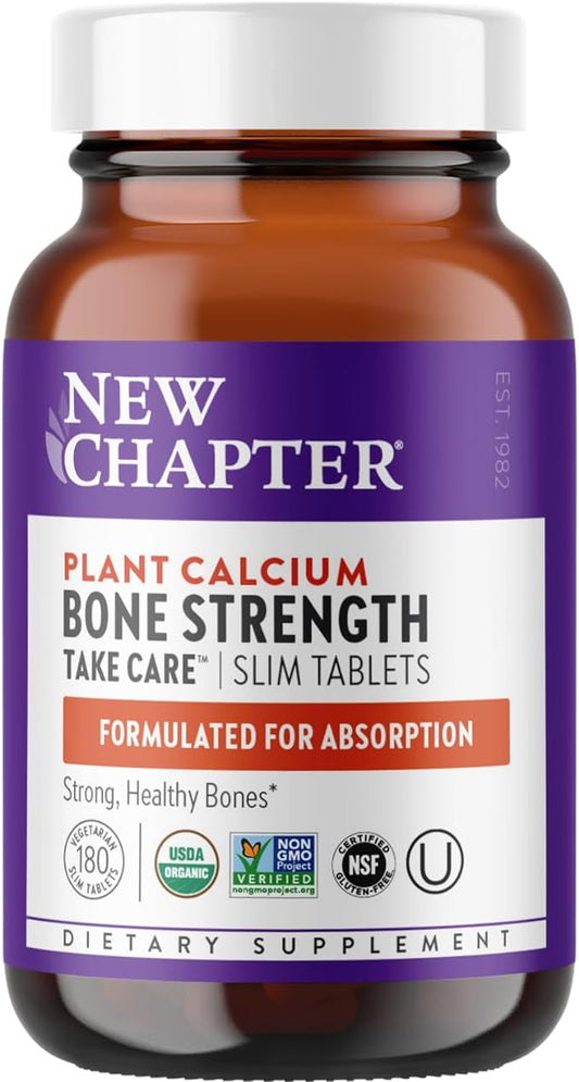 New Chapter Calcium Supplement - Bone Strength Organic Calcium with Magnesium, Vitamin D3+K2, 70+ Trace Minerals for Bone Health, Gluten Free, Easy to Swallow Slim Calcium Tablets - 180 Count