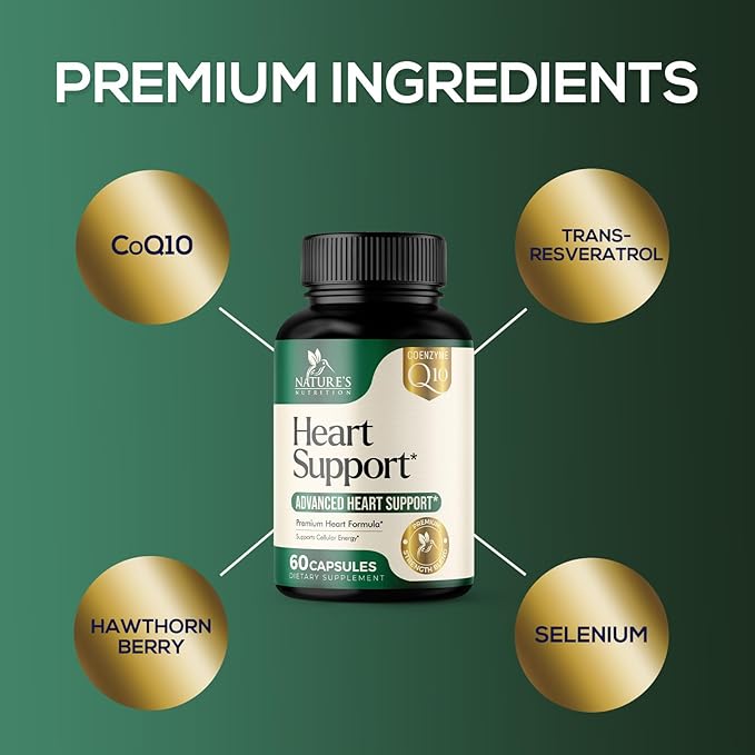 Heart Supplements for Men & Women, 1650mg for Heart Health Support with CoQ10, Hawthorn, Plant Sterol & More, Heart Vitamins & Extracts to Support Nitric Oxide & Energy Production - 60 Capsules