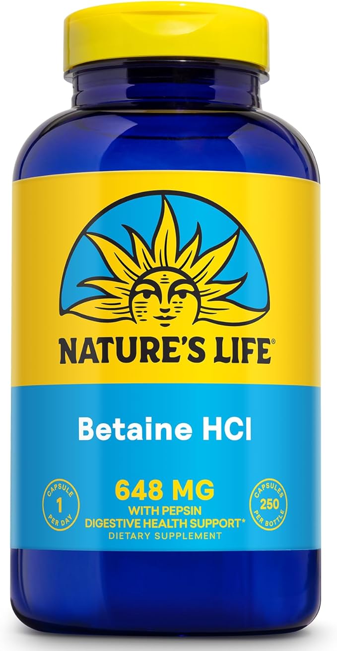 NATURE'S LIFE Betaine HCL with Pepsin - Digestive Health Formula with Digestive Enzymes for Gut Health Support - High Potency Hydrochloric Acid Supplement, 60-Day Guarantee, 250 Servings, 250 Capsules