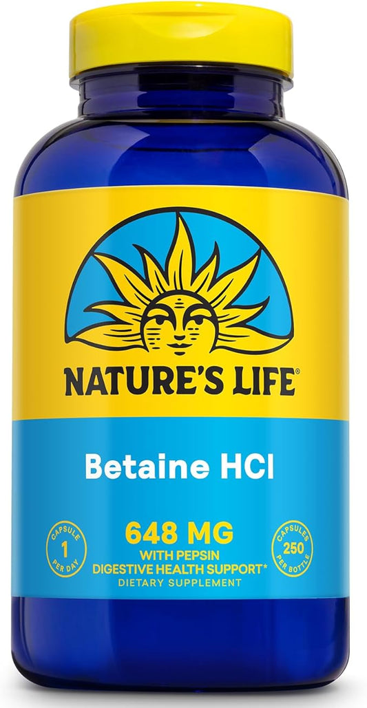 NATURE'S LIFE Betaine HCL with Pepsin - Digestive Health Formula with Digestive Enzymes for Gut Health Support - High Potency Hydrochloric Acid Supplement, 60-Day Guarantee, 250 Servings, 250 Capsules