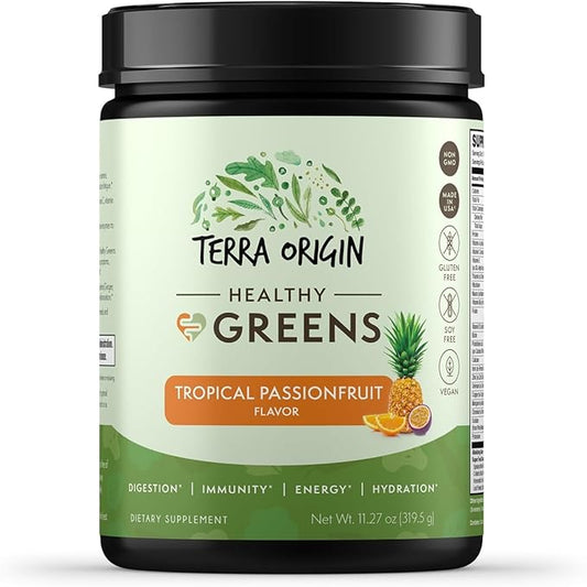 TERRA ORIGIN Healthy Greens Powder, Superfoods, Probiotics, Enzymes, Immune & Digestive Support, Energy & Wellness Boost, Gut Health, 30 Servings (1-Pack, Tropical Passionfruit)