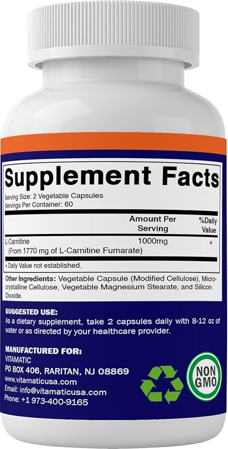 Vitamatic L-Carnitine Fumarate 1000 mg - 120 Vegetable Capsules (1 Bottle)