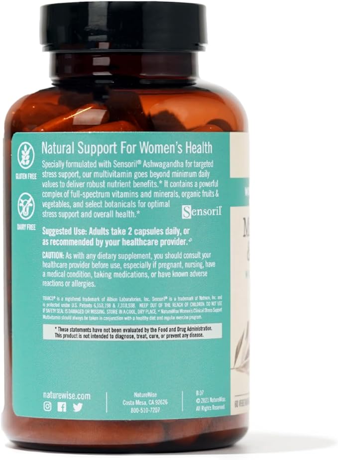 NatureWise Multivitamin for Women + Stress Support + B-Complex + Vitamin C + D3 K2 for Immunity, Hair, Skin & Nails, Digestion + Whole Organic Foods - Vegetarian, Non-GMO - 60 Capsules[1-Month Supply]