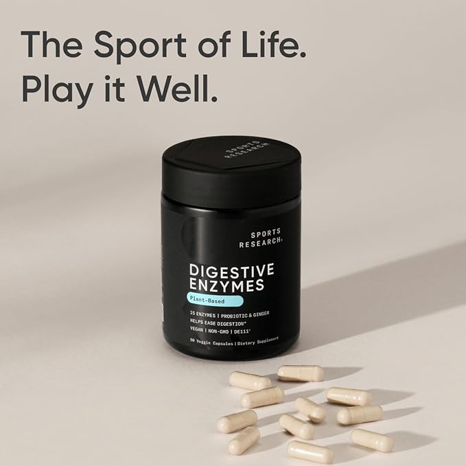 Sports Research Digestive Enzymes with Probiotics & Ginger - Plant Based for Dairy, Protein, Sugar & Carbs - Non-GMO Verified & Vegan Friendly (90 Veggie Capsules)