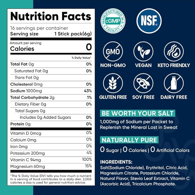 Venture Pal High Sodium Sugar Free Electrolytes Powder Packet - Hydration Packets with Sodium, Potassium & Magneisum | Zero Calories | Vegan | Keto & Paleo Friendly Electrolyte Drink Mix | 16 Stick