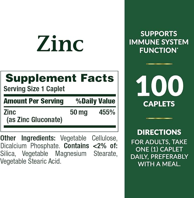 Nature's Bounty Zinc 50 mg Caplets, Unflavored, 100 Count, Pack of 2