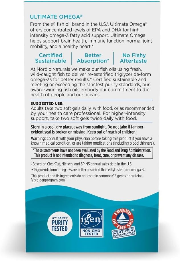 Nordic Naturals Ultimate Omega, Lemon Flavor - 90 Soft Gels - 1280 mg Omega-3 - High-Potency Omega-3 Fish Oil Supplement with EPA & DHA - Promotes Brain & Heart Health - Non-GMO - 45 Servings