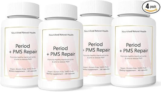 Nourished Period + PMS Repair - Menstrual Cycle Support Supplement for Women - Vegan Formula for Monthly Cycles, Cramping, Mood, Headaches - 4 Bottles