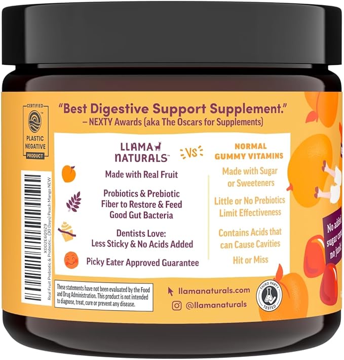Llama Naturals Real Fruit Prebiotic & Probiotic Kids Gummies | No Added Sugar Cane | Vegan Organic Synbiotics | Children Digestion, Toddler Probiotic 2B CFU | 60 ct, 30-60 Days | Peach Mango