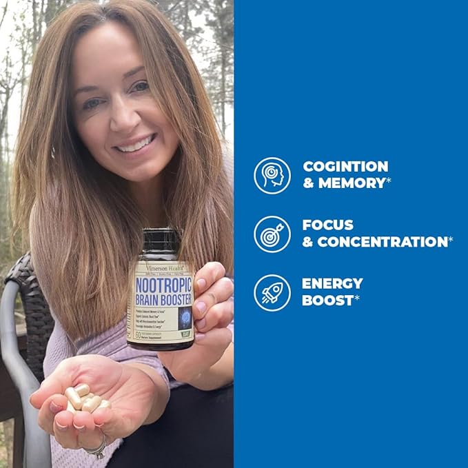 Nootropics Brain Support Supplement - Nootropic Brain Booster for Improved Focus, Concentration & Memory. Brain Nootropic for Brain Health, Mood & Energy Support. Non-GMO. Made in the USA. 60 Capsules