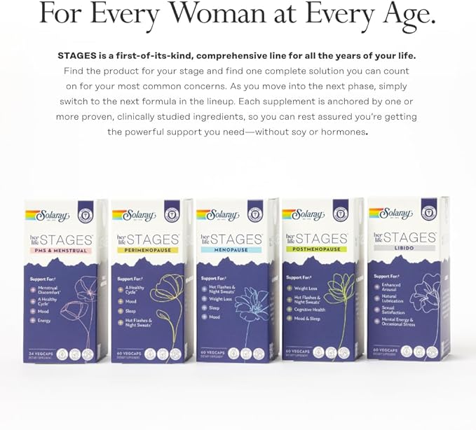 Solaray PMS & Menstrual her life STAGES - PMS Support Supplement for Women with Cramp Bark, Vitex Chasteberry - Made Without Hormones - 60-Day Guarantee - Vegan, Lab Verified - 24 Servings, 24 VegCaps