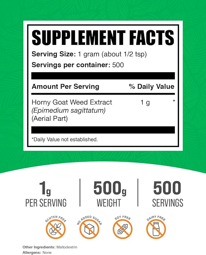BulkSupplements.com Horny Goat Weed Extract - Epimedium Extract, Horny Goat Weed Herbal Supplements, Horny Goat Weed Powder- Gluten Free, 1000mg per Serving, 500g (1.1 lbs) (Pack of 1)
