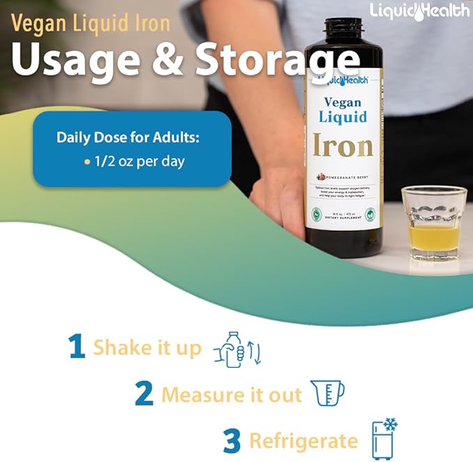 LIQUIDHEALTH Vegan Liquid Iron Supplement with SunActive & Ferrochel Iron - Natural Energy, Immune System & Metabolic Support, Increase Mental Clarity, Prenatal/Postnatal - Non-GMO, Sugar Free (16 oz)