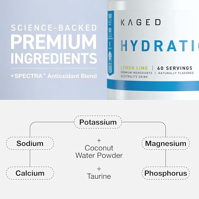 Kaged Electrolyte Hydration Powder | Lemon Lime | Sports Drink for Men and Women | Pre, Post, Intra Workout Supplement | 60 Servings