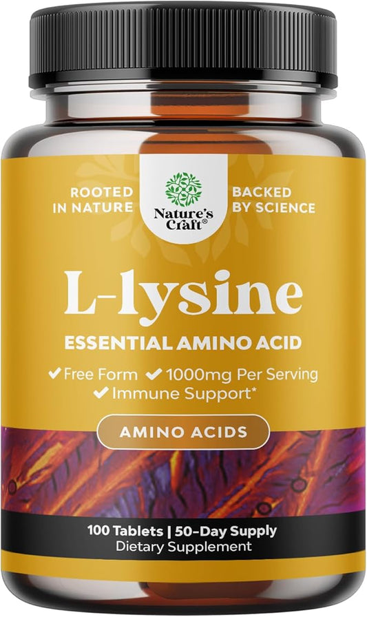 L Lysine 1000mg Free Form - High Strength L-Lysine Supplement for Eye Health Lip Care Collagen Synthesis and Immune Support - Essential Amino Acid Vegan Non-GMO 1000mg per Serving - 100 Tablets