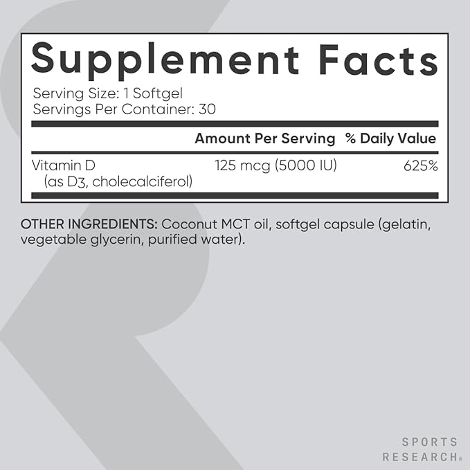 Sports Research Vitamin D3 5000 IU with Coconut MCT Oil - High Potency Vitamin D Supplement for Immune & Bone Support - Non-GMO Verified, Gluten & Soy Free – 125mcg, 30 Liquid Softgels