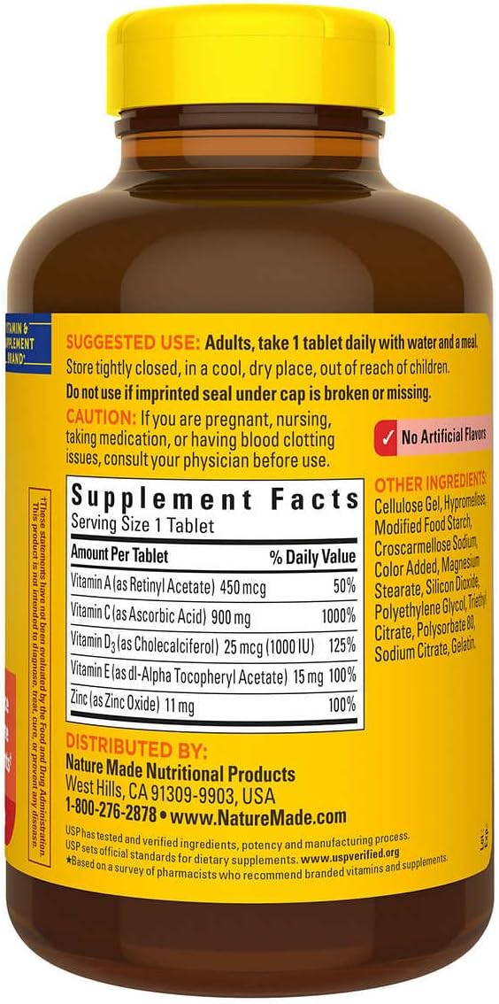 Nature Made Super C with Vitamin D3 and Zinc, 200 Tablets Bundle | Vitamin C (900 mg), Vitamin A (450 mcg), Vitamin D3 (25 mcg/1000 IU), Vitamin E (15 mg) and Zinc (11 mg) | 100 Day Supply