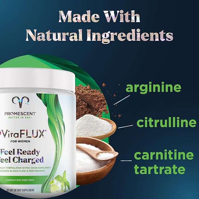 Promescent VitaFLUX Nitric Oxide Booster for Women, Supports Circulation, Energy & Mood, Contains Essential Amino Acids L Arginine 2000mg, L Citrulline 1000mg, L Carnitine 1000mg (30 Servings)