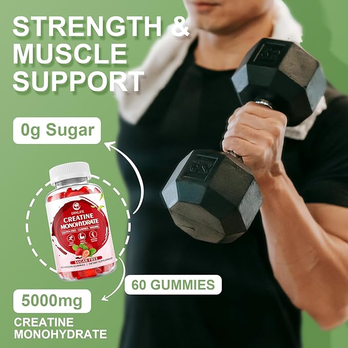 Creatine Monohydrate Gummies for Men & Women, Chewables Creatine Monohydrate for Muscle Strength, Muscle Builder, Energy Boost, Sugar Free, Vegan, Strawberry Flavor-60 Count